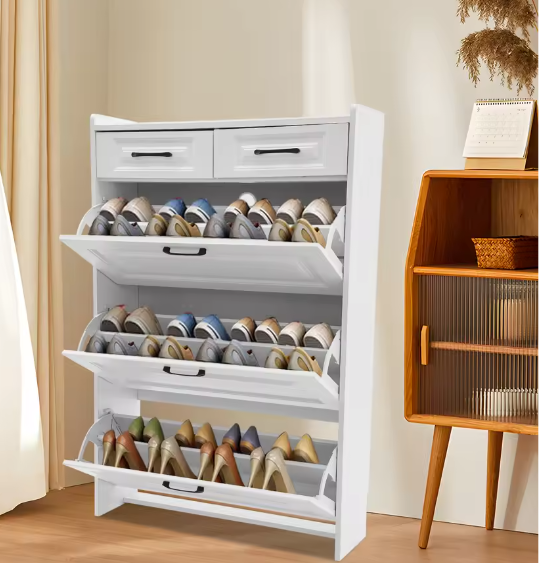 Schoenenkast met 3 kleppen en 2 lades – Smal en Modern – Wit