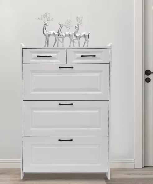 Schoenenkast met 3 kleppen en 2 lades – Smal en Modern – Wit