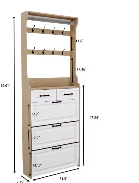 Schoenenkast met Kapstok en 3 Deuren – Hal Opbergmeubel