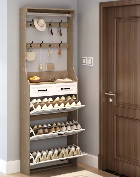 Schoenenkast met Kapstok en 3 Deuren – Hal Opbergmeubel