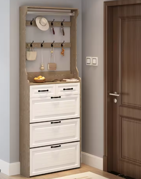 Schoenenkast met Kapstok en 3 Deuren – Hal Opbergmeubel