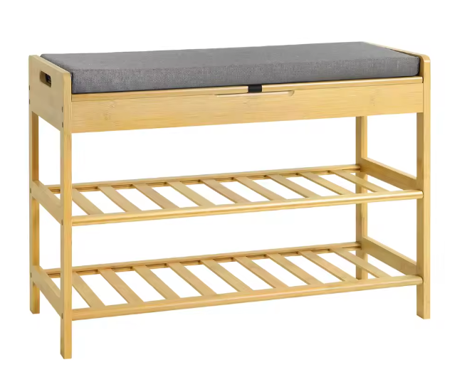 2-laags Bamboe Schoenenbank met Zitting en Opbergvak – Compact en amp; Stevig