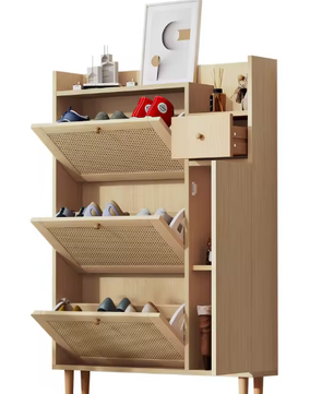 Houten Schoenenkast met Rotan Fronten – 3 Kanteldeuren en 1 Lade, Smal Model voor Hal