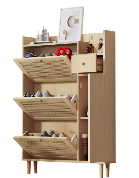 Houten Schoenenkast met Rotan Fronten – 3 Kanteldeuren en 1 Lade, Smal Model voor Hal