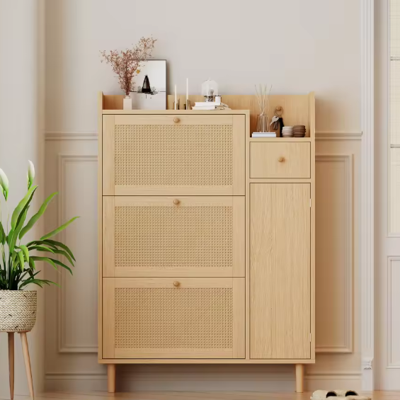 Houten Schoenenkast met Rotan Fronten – 3 Kanteldeuren en 1 Lade, Smal Model voor Hal