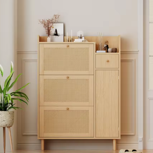 Houten Schoenenkast met Rotan Fronten – 3 Kanteldeuren en 1 Lade, Smal Model voor Hal