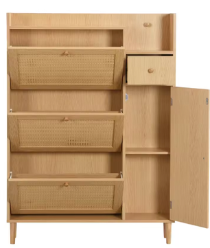 Houten Schoenenkast met Rotan Fronten – 3 Kanteldeuren en 1 Lade, Smal Model voor Hal