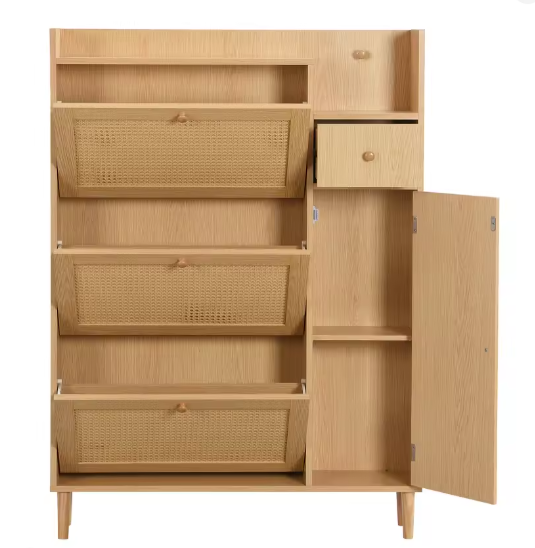 Houten Schoenenkast met Rotan Fronten – 3 Kanteldeuren en 1 Lade, Smal Model voor Hal