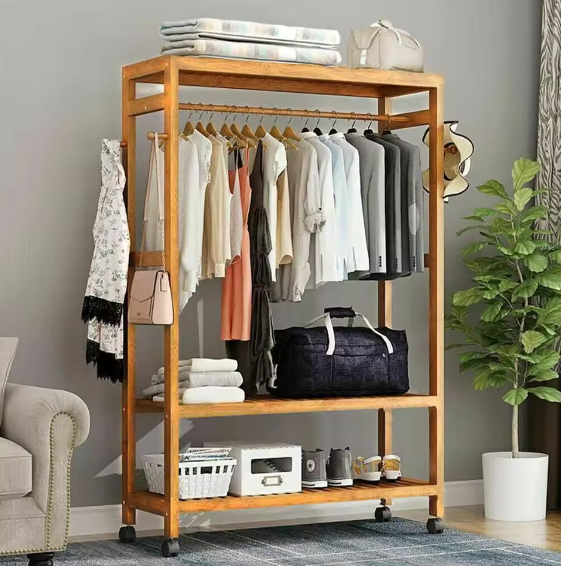 Bamboe Kledingrek met Wielen – Met Planken en Haken