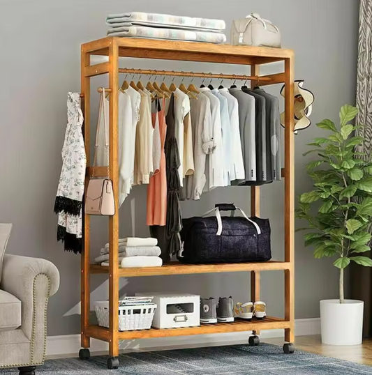 Bamboe Kledingrek met Wielen – Met Planken en Haken