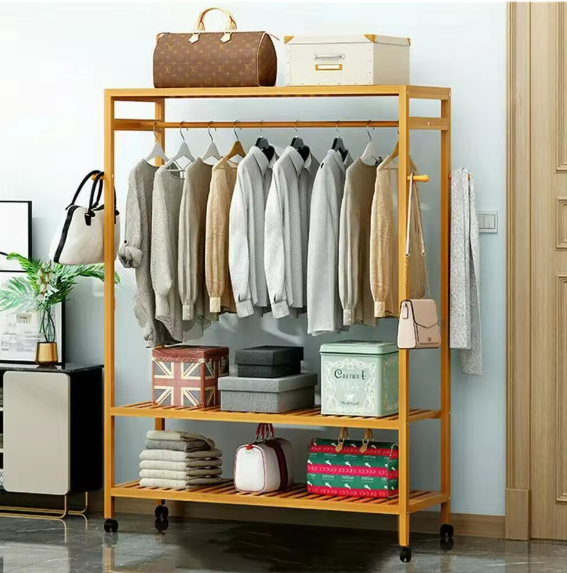 Bamboe Kledingrek met Wielen – Met Planken en Haken