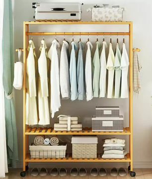 Bamboe Kledingrek met Wielen – Met Planken en Haken