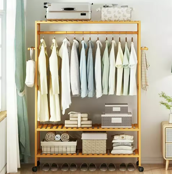 Bamboe Kledingrek met Wielen – Met Planken en Haken