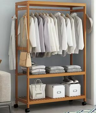 Bamboe Kledingrek met Wielen – Met Planken en Haken