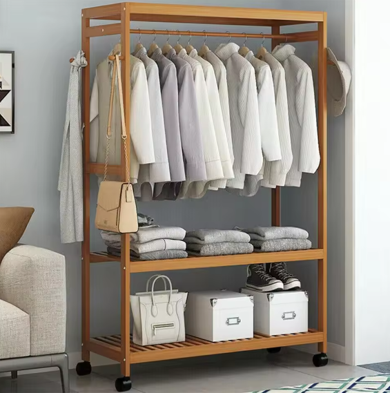 Bamboe Kledingrek met Wielen – Met Planken en Haken