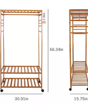 Bamboe Kledingrek met Wielen – Met Planken en Haken