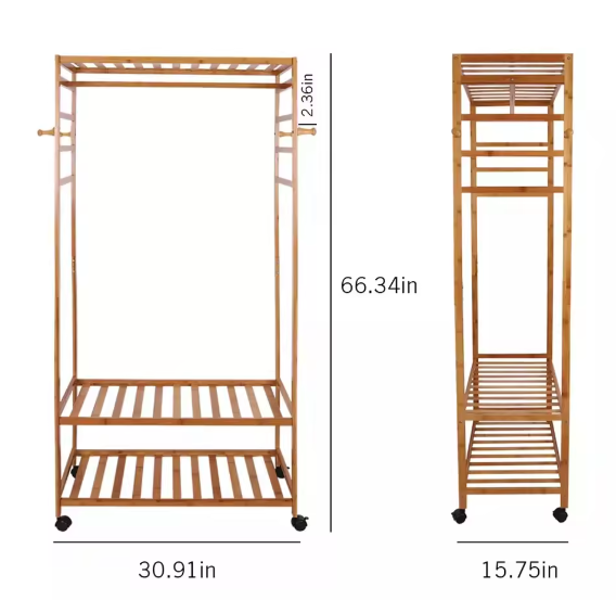 Bamboe Kledingrek met Wielen – Met Planken en Haken