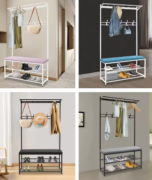 Multifunctionele kledingstandaard met bank en schoenenrek – Met haken voor jassen, tassen en accessoires
