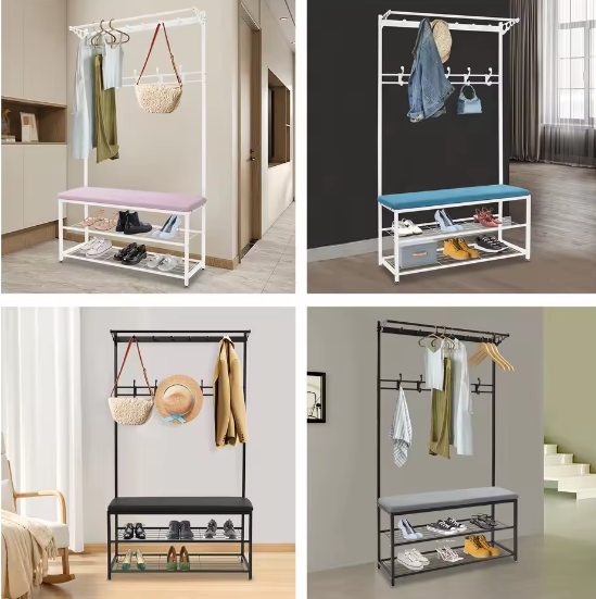 Multifunctionele kledingstandaard met bank en schoenenrek – Met haken voor jassen, tassen en accessoires