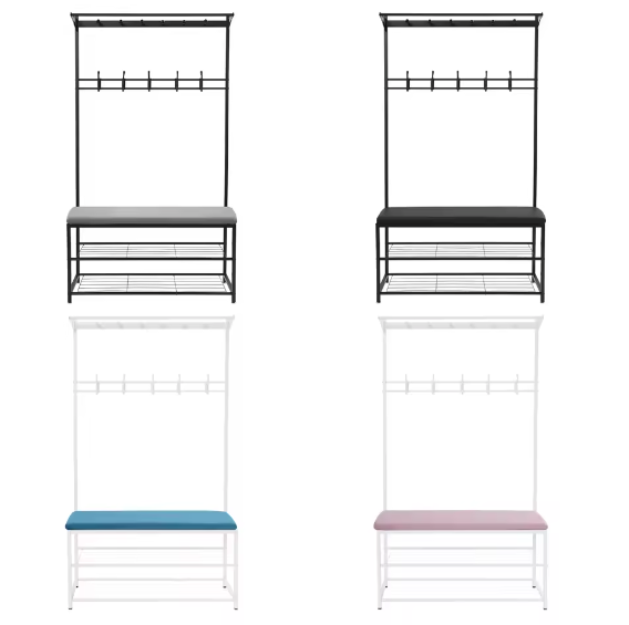Multifunctionele kledingstandaard met bank en schoenenrek – Met haken voor jassen, tassen en accessoires