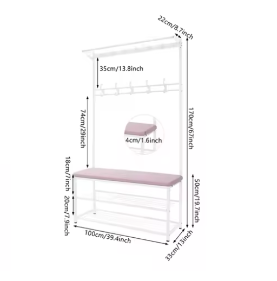 Multifunctionele kledingstandaard met bank en schoenenrek – Met haken voor jassen, tassen en accessoires