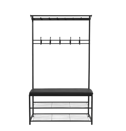 Multifunctionele kledingstandaard met bank en schoenenrek – Met haken voor jassen, tassen en accessoires