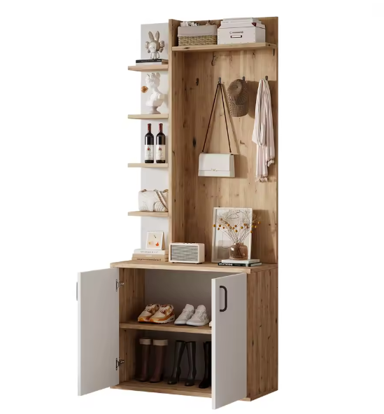 Kapstok met Kast en Schoenenrek – 75×33×180 cm, 5-Laags Opbergruimte