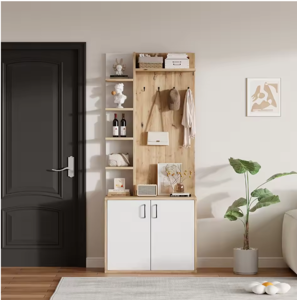 Kapstok met Kast en Schoenenrek – 75×33×180 cm, 5-Laags Opbergruimte