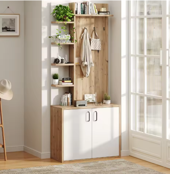 Kapstok met Kast en Schoenenrek – 75×33×180 cm, 5-Laags Opbergruimte