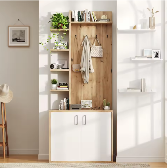 Kapstok met Kast en Schoenenrek – 75×33×180 cm, 5-Laags Opbergruimte