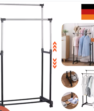 Verstelbaar Dubbel Kledingrek met Wielen – Telescopische Hoogte, Stevig Metalen Frame en  Extra Ophangruimte