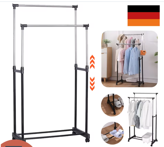 Verstelbaar Dubbel Kledingrek met Wielen – Telescopische Hoogte, Stevig Metalen Frame en  Extra Ophangruimte
