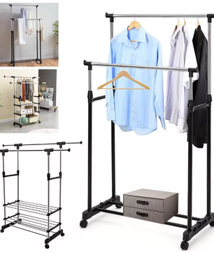 Verstelbaar Dubbel Kledingrek met Wielen – Telescopische Hoogte, Stevig Metalen Frame en  Extra Ophangruimte