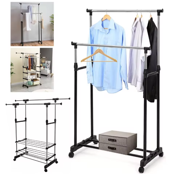 Verstelbaar Dubbel Kledingrek met Wielen – Telescopische Hoogte, Stevig Metalen Frame en  Extra Ophangruimte