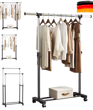 Verstelbaar Dubbel Kledingrek met Wielen – Telescopische Hoogte, Stevig Metalen Frame en  Extra Ophangruimte
