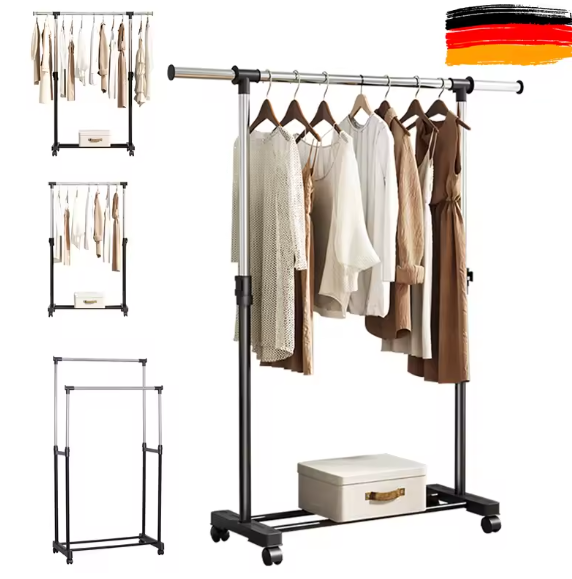 Verstelbaar Dubbel Kledingrek met Wielen – Telescopische Hoogte, Stevig Metalen Frame en  Extra Ophangruimte