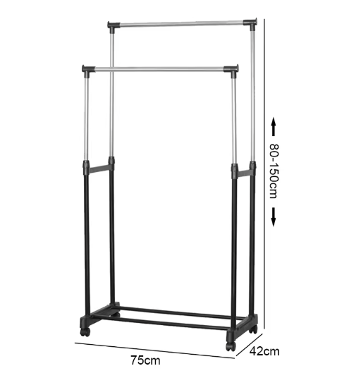 Verstelbaar Dubbel Kledingrek met Wielen – Telescopische Hoogte, Stevig Metalen Frame en  Extra Ophangruimte