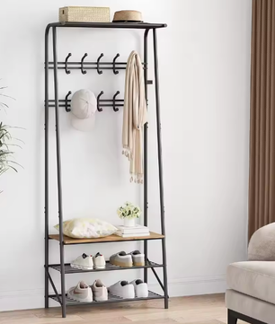 Houten Halboom met Kapstok en Schoenenrek – Bank met 10 Haken en Stalen Frame