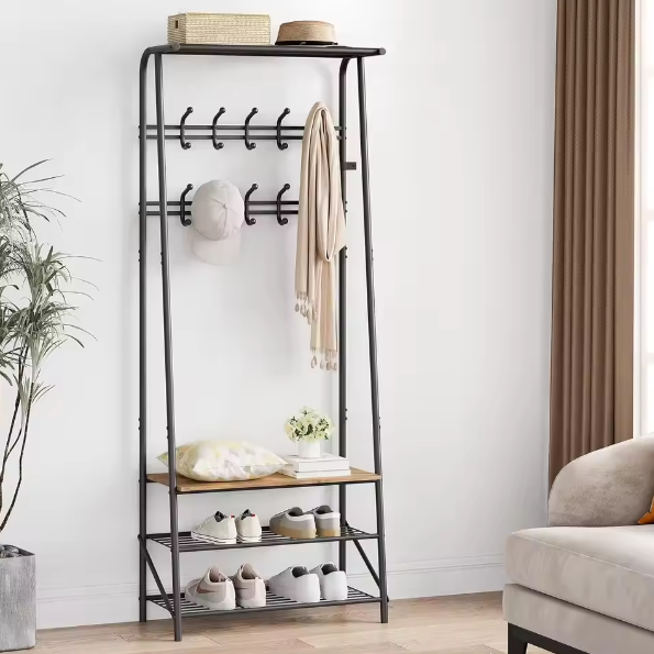 Houten Halboom met Kapstok en Schoenenrek – Bank met 10 Haken en Stalen Frame