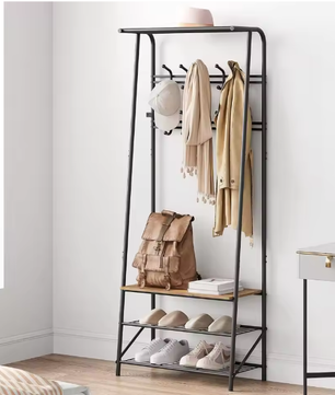 Houten Halboom met Kapstok en Schoenenrek – Bank met 10 Haken en Stalen Frame