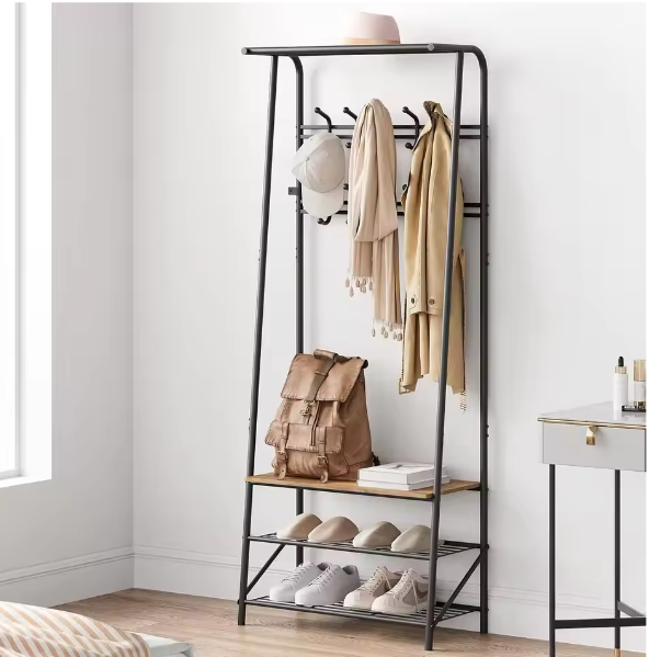 Houten Halboom met Kapstok en Schoenenrek – Bank met 10 Haken en Stalen Frame