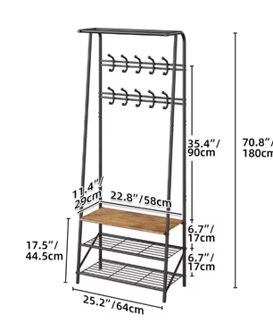 Houten Halboom met Kapstok en Schoenenrek – Bank met 10 Haken en Stalen Frame