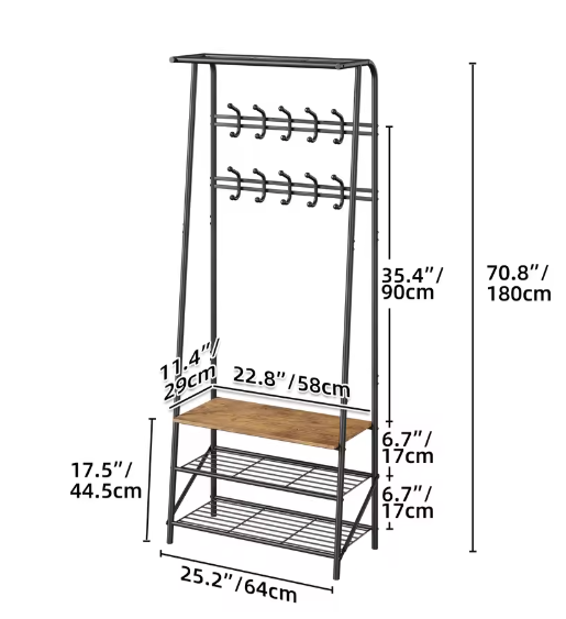Houten Halboom met Kapstok en Schoenenrek – Bank met 10 Haken en Stalen Frame