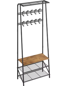 Houten Halboom met Kapstok en Schoenenrek – Bank met 10 Haken en Stalen Frame