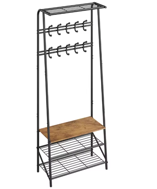 Houten Halboom met Kapstok en Schoenenrek – Bank met 10 Haken en Stalen Frame