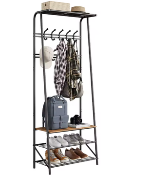 Houten Halboom met Kapstok en Schoenenrek – Bank met 10 Haken en Stalen Frame