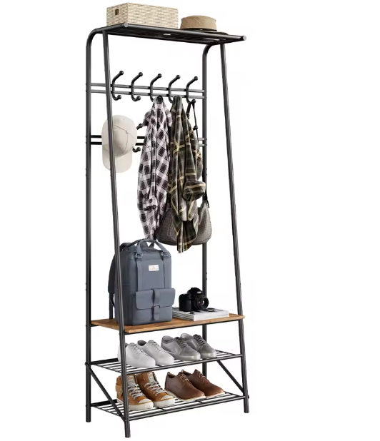 Houten Halboom met Kapstok en Schoenenrek – Bank met 10 Haken en Stalen Frame