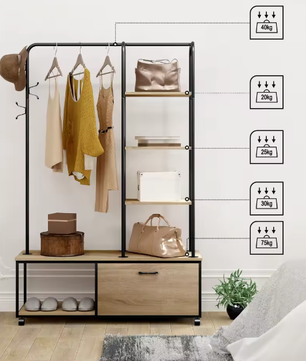 Vrijstaand Kledingrek met Schoenenrek en nbsp; Kast – Met Wielen en Haken