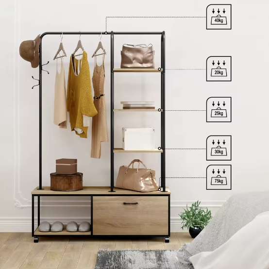 Vrijstaand Kledingrek met Schoenenrek en nbsp; Kast – Met Wielen en Haken