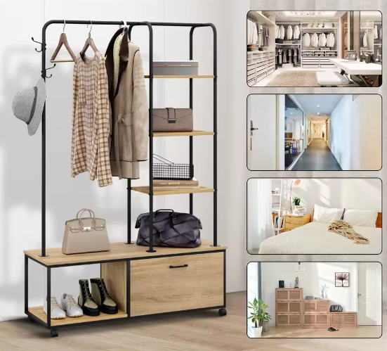 Vrijstaand Kledingrek met Schoenenrek en nbsp; Kast – Met Wielen en Haken